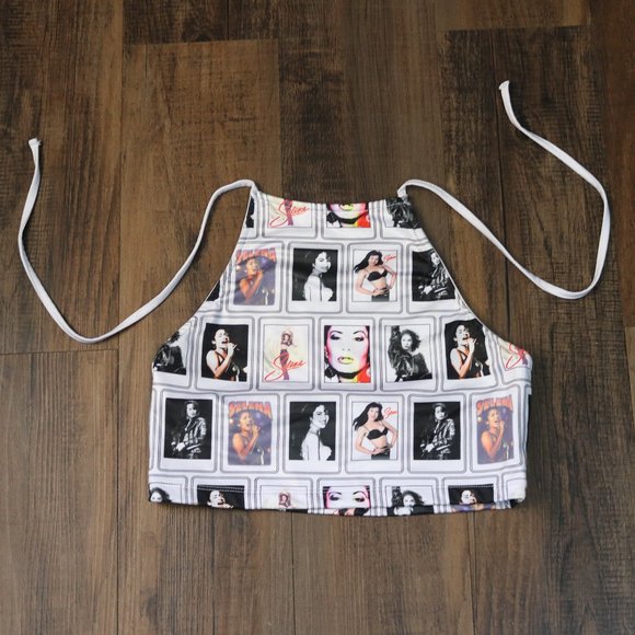Selena Halter Top Womens Small White Black Crop Top Shirt - Picture 1 of 10